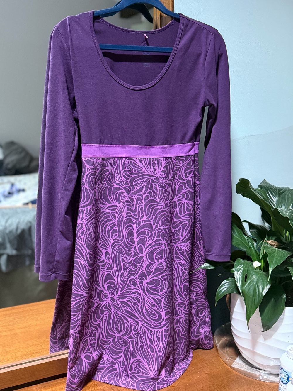Woman’s Purple Long-Sleeve Dress- prAna Moxie Dress in Purple Lagoon